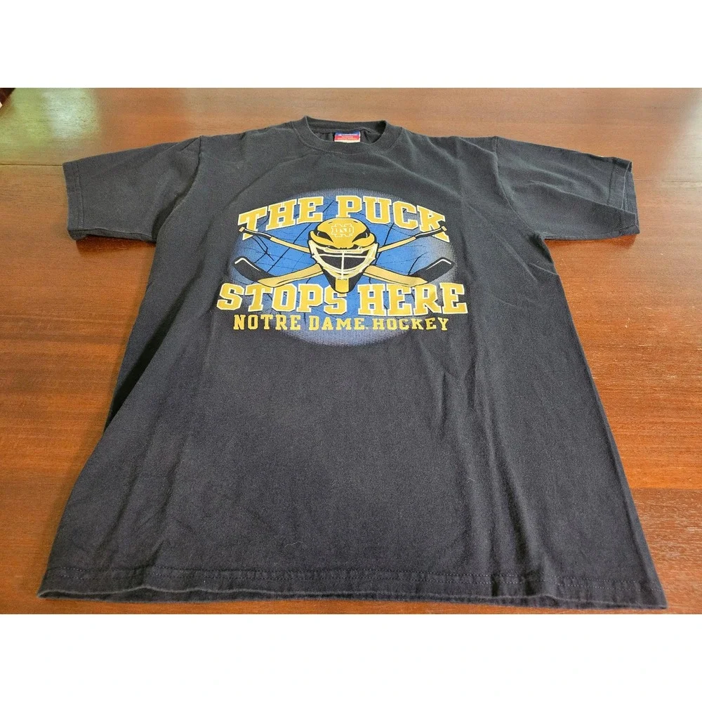 Champion T-Shirt Mens Large Black Notre Dame Hockey The Puck Stops Here Graphic - Picture 2 of 7